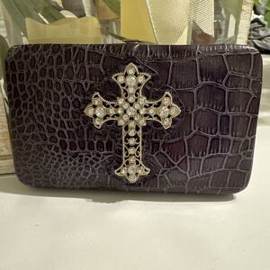 Vintage Women's Wallet Bag Croc Faux Leather Embellished Rock Crucifix Purple